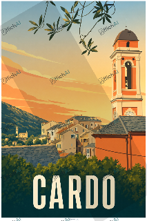 Cardo &agrave; Bastia, avec une tour &agrave; l&rsquo;horloge orange &agrave; droite, des maisons au centre, une colline bois&eacute;e &agrave; gauche et le mot CARDO en bas.