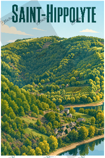 Saint-Hippolyte au-dessus de collines bois&eacute;es, avec de petites maisons, des parcelles cultiv&eacute;es et une rivi&egrave;re au bord inf&eacute;rieur.
