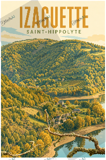 Saint-Hippolyte avec des collines bois&eacute;es, des champs, un petit village et un cours d&rsquo;eau, vus derri&egrave;re une branche moussue.