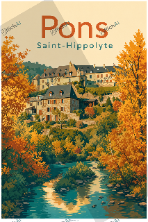 Lettres &laquo; Pons &raquo; et &laquo; Saint-Hippolyte &raquo; au-dessus de maisons en pierre, d&rsquo;arbres d&rsquo;automne et d&rsquo;un ruisseau rocheux.