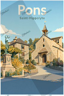 Saint-Hippolyte avec une &eacute;glise en pierre &agrave; clocher et horloge, une statue sur socle, un banc et un jardin cl&ocirc;tur&eacute;.