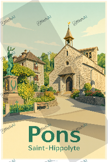 Saint-Hippolyte avec une &eacute;glise en pierre &agrave; clocher, une statue verte sur socle, un b&acirc;timent en pierre, un banc et des jardins fleuris.