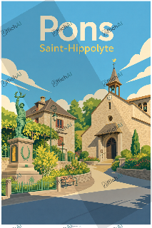 Saint-Hippolyte illustr&eacute; avec une &eacute;glise en pierre &agrave; clocher et horloge, une statue verte au flambeau, des jardins et un banc.